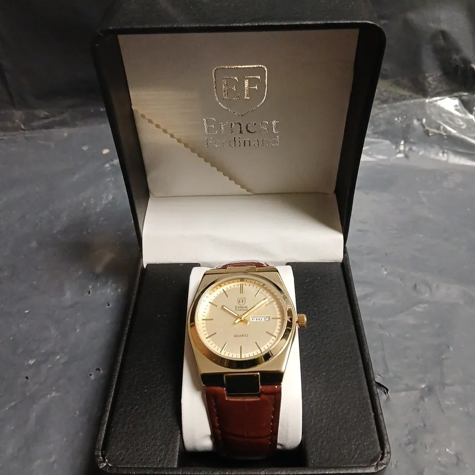 MENS ERNEST FERDINAND WATCH – DAY DATE CALENDAR DIAL – LEATHER STRAP