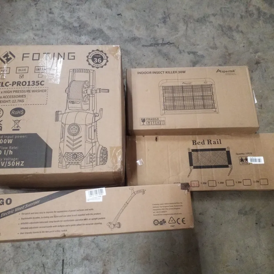 PALLET CONTAINING ASSORTED PRODUCTS INCLUDING INDOOR INSECT KILLER 30W, BED RAIL, ELECTRIC WEED SWEEPER & HIGH PRESSURE WASHER