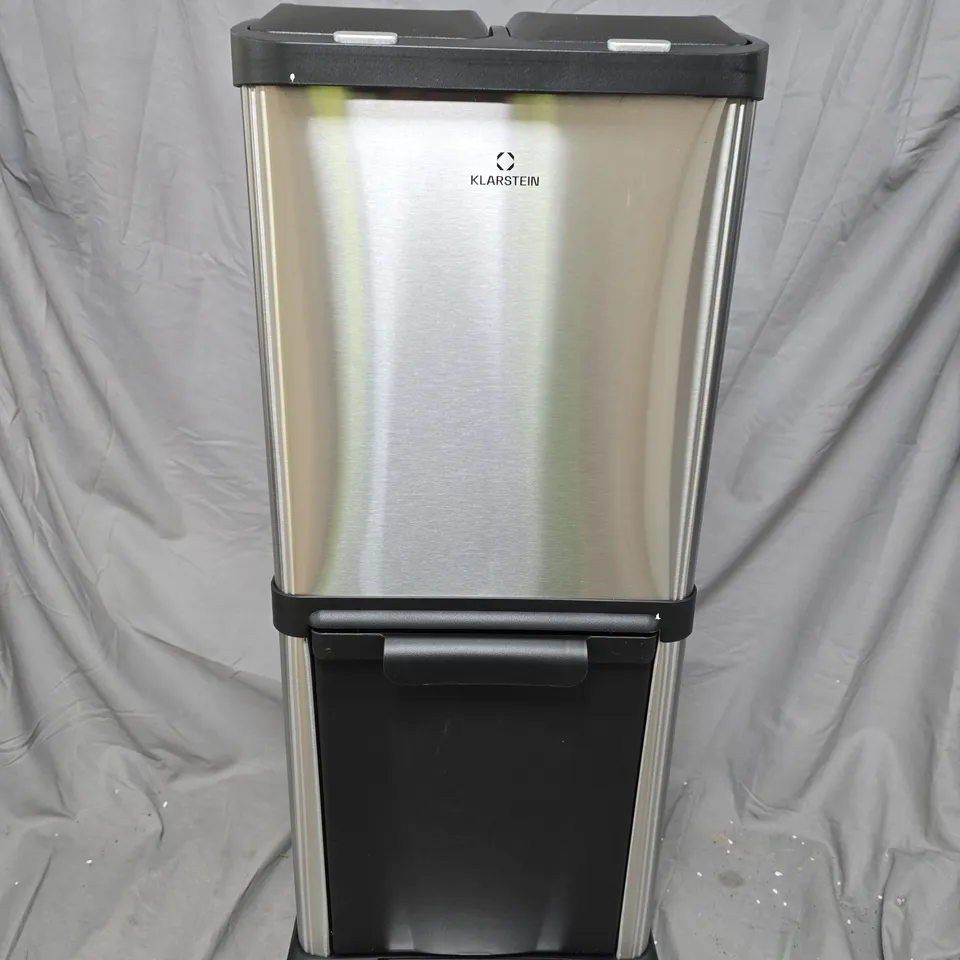 BOXED KLARSTEIN DUAL-COMPARTMENT KITCHEN WASTE BIN – BRUSHED METAL FRONT