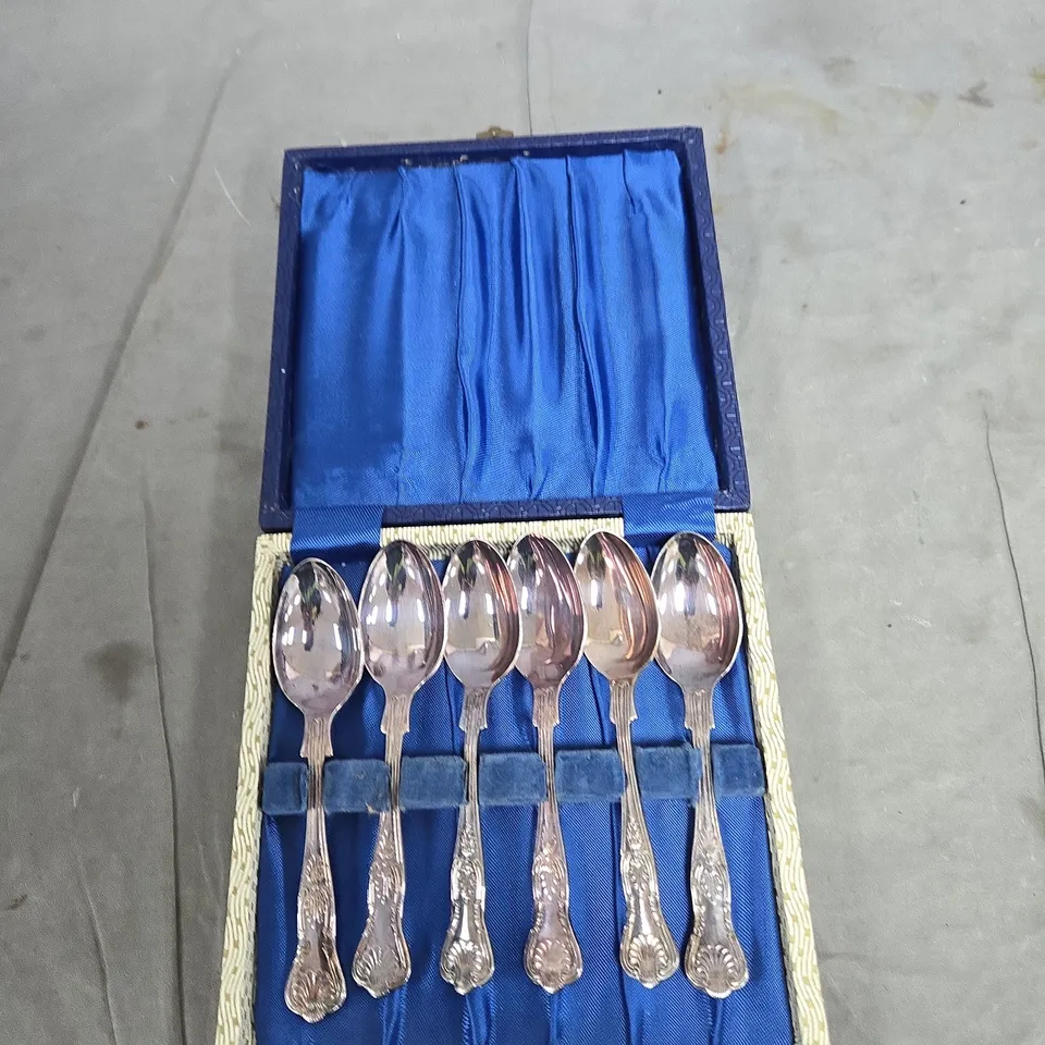 SIX-PIECE ORNATE SILVER-PLATED SPOON SET IN BLUE PRESENTATION BOX 