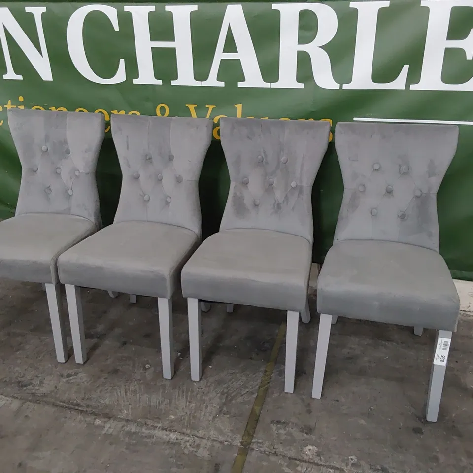 SET OF FOUR UPHOLSTERED BUTTONED BACK DINING CHAIRS GREY PLUSH FABRIC ON GREY PAINTED LEGS 