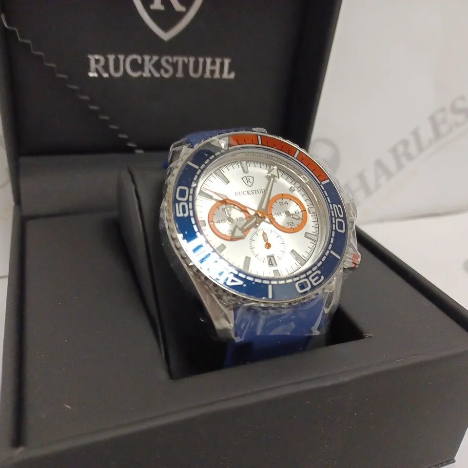 RUCKSTUHL R400 MENS CHRONOGRAPH WATCH - BLUE & ORANGE BEZEL - STAINLESS STEEL CASE - BLUE RUBBER STRAP - DISPLAY BOX