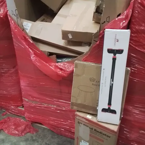 PALLET CONTAINING VARIOUS ASSORTED BOXED HOUSEHOLD ITEMS TO INCLUDE: OIL FILLED RADIATOR, ACROSS POLES, BOOSTER SEAT, GAMING MOUSE MAT, SIDE TABLES, FLOOR TV STAND AND LOTS MORE UNMARKED BOXED ITEMS