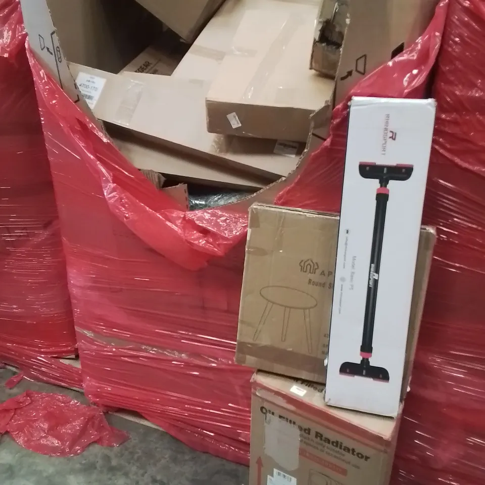 PALLET CONTAINING VARIOUS ASSORTED BOXED HOUSEHOLD ITEMS TO INCLUDE: OIL FILLED RADIATOR, ACROSS POLES, BOOSTER SEAT, GAMING MOUSE MAT, SIDE TABLES, FLOOR TV STAND AND LOTS MORE UNMARKED BOXED ITEMS 