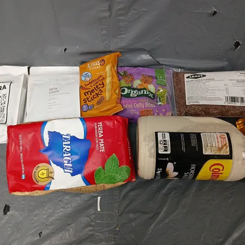 APPROXIMATELY 8 ASSORTED FOOD & DRINK ITEMS TO INCLUDE - NEW GODS COFFEE, HORSERADISH SAUCE, AND BROWN FLAXSEEDS - ETC.