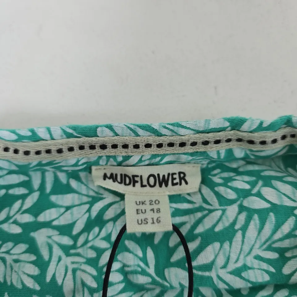 MUDFLOWER TURQUOISE LEAF PRINT BLOUSE SHIRT, UK 20 (EU 48, US 16)