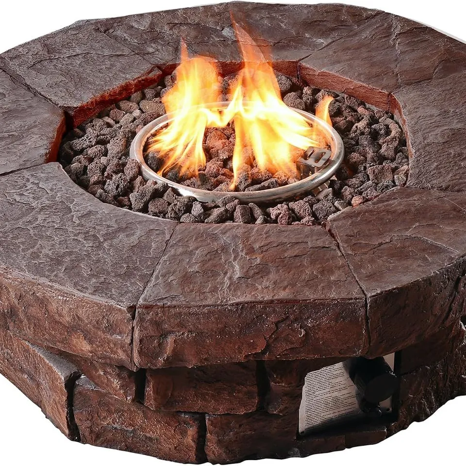 BOXED  TEAMSON HOME LARGE ROUND PROPANE GAS FIRE PIT TABLE BURNER, BROWN STONE EFFECT, SMOKELESS, OUTDOOR