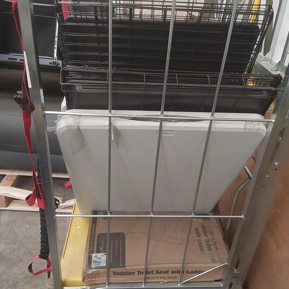 CAGE CONTAINING A LARGE QUANTITY OF ASSORTED ITEMS INCLUDING: GARDEN RAKE, FOLDING TABLES, TODDLER TOILET SEAT, WRAPPING PAPER ECT // CAGE NOT INCLUDED