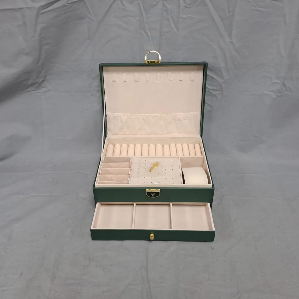 UNBRANDED GREEN QUILTED JEWELLERY BOX WITH RING ROLLS AND PULL-OUT DRAWER