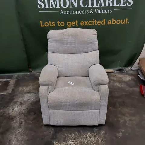 DESIGNER MANUAL RECLINER ARMCHAIR UPHOLSTERED IN BEIGE FABRIC
