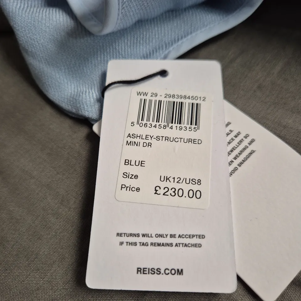 REISS ASHLEY-STRUCTURED MINI DRESS – BLUE, UK12
