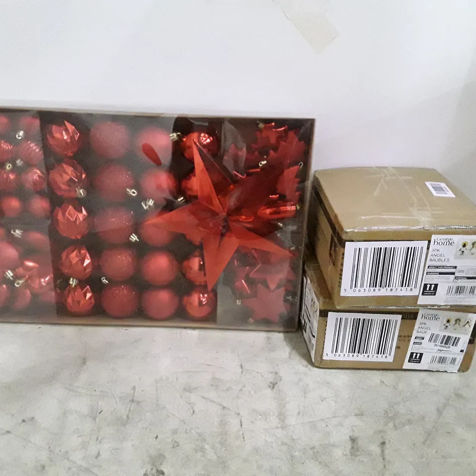 BOX CONTAINING APPROXIMATELY 3 BRAND NEW RED VALUE BAUBLE PACKS & 2 BRAND NEW ANGEL BAUBLE 3 PACKS 