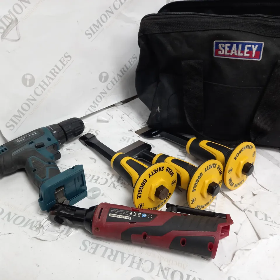 5 TOOLS INCLUDING DRILL, SCRAPER, RATCHET WRENCH