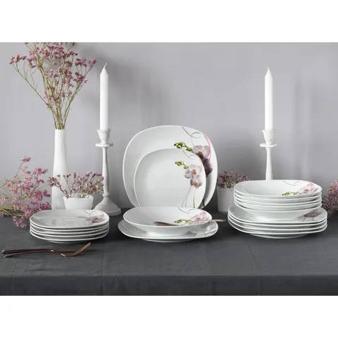 BOXED SQUARE ORCHID, 18-PIECE PORCELAIN PLATE SET