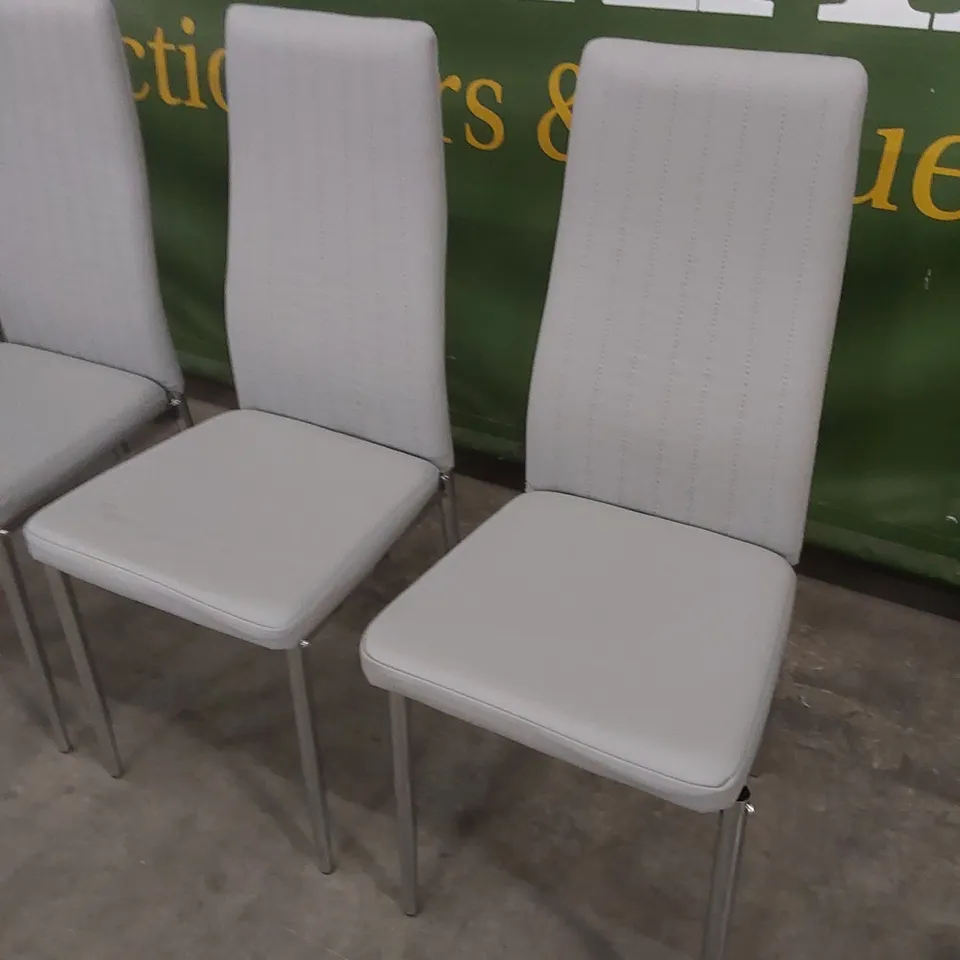 SET OF 4 LEON LIGHT GREY LEATHER DINING CHAIRS WITH CHROME LEGS 