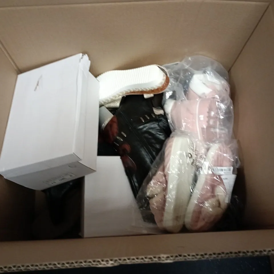 BOX OF APPROXIMATELY 12 PAIRS OF ASSORTED SHOES AND FOOTWEAR ITEMS IN VARIOUS COLOURS, STYLES AND SIZES