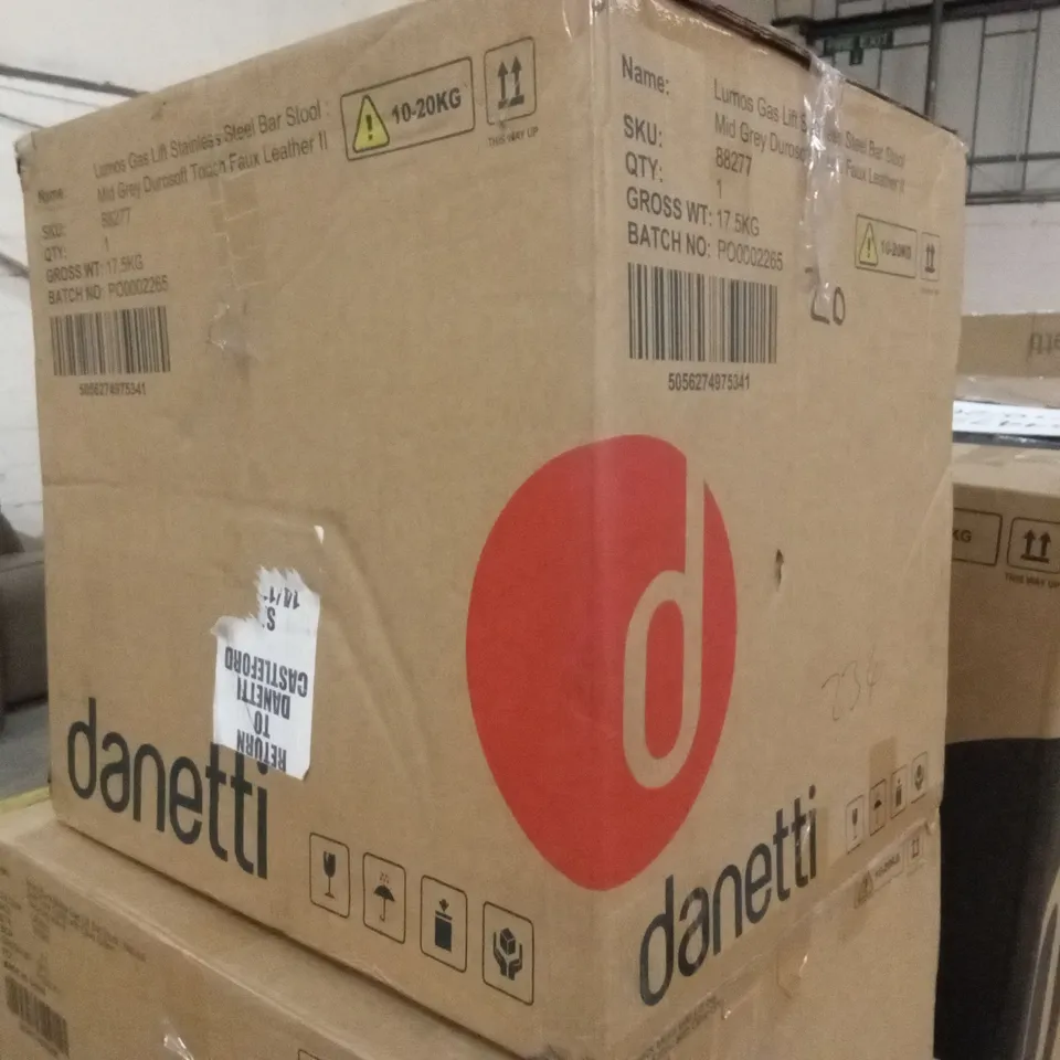 BOXED DANETTI LUMOS GAS LIFT STAINLESS STEEL BAR STOOL: MID GREY DUROSOFT TOUCH FAUX LEATHER 