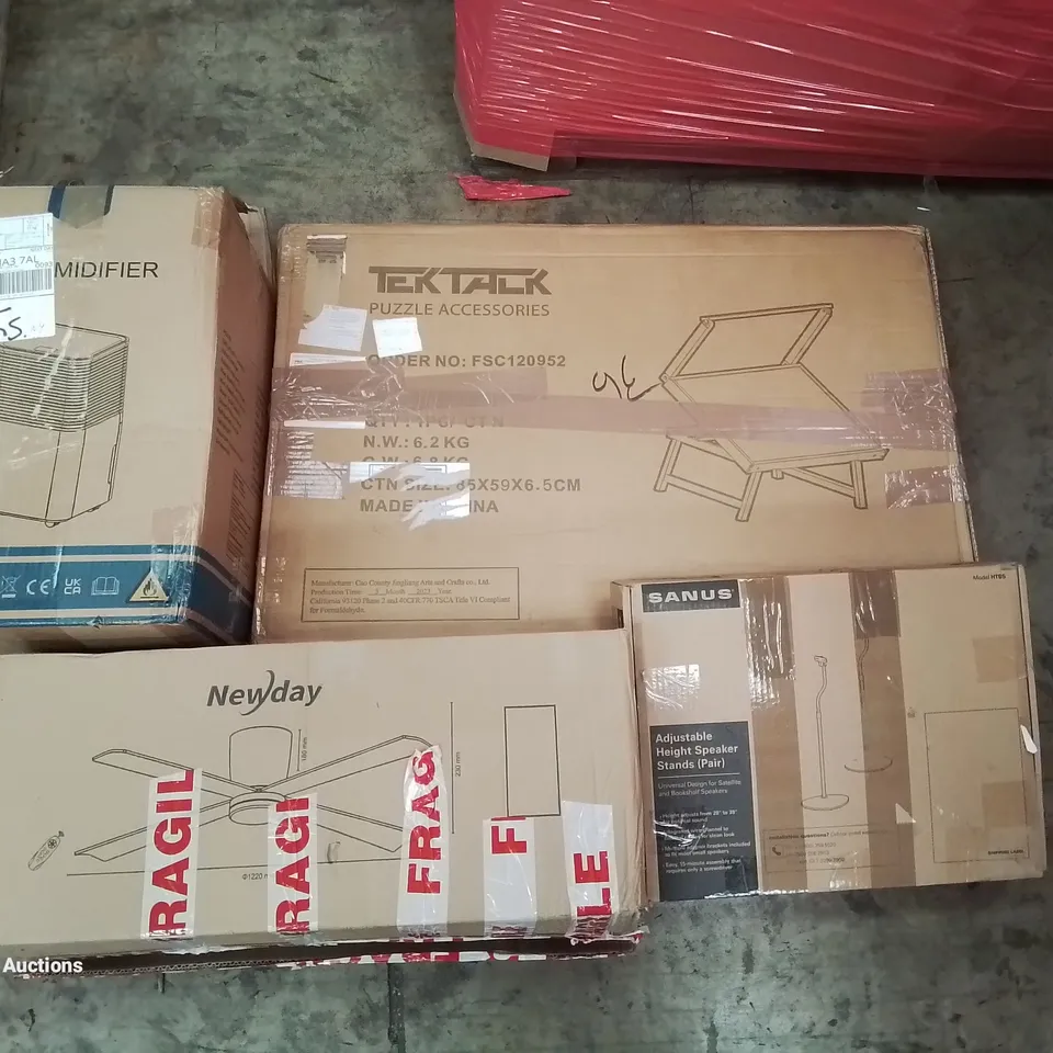 PALLET OF ASSORTED ITEMS INCLUDING DEHUMIDIFIER, CEILING FAN, ADJUSTABLE HEIGHT SPEAKER STANDS, PUZZLE BOARD