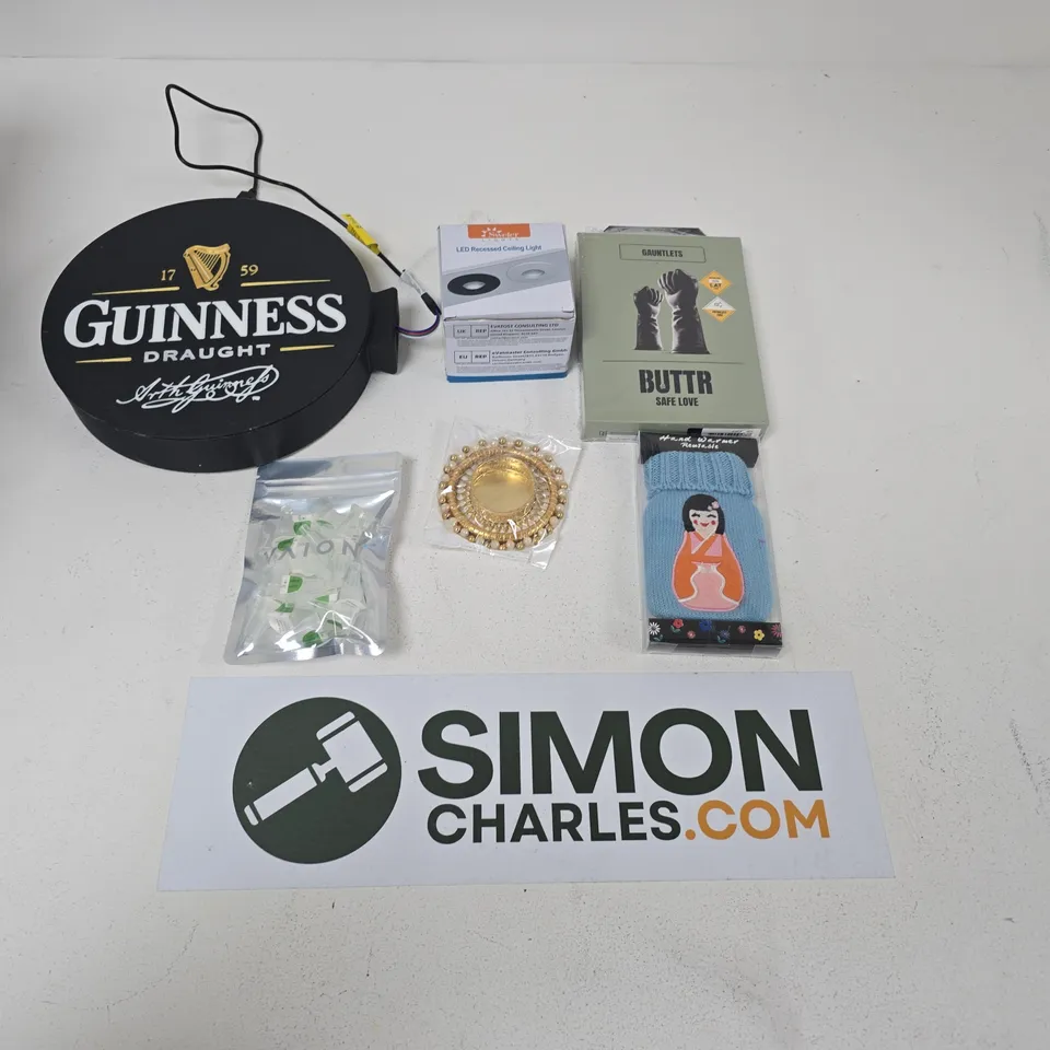 TOTE OF APPROXIMATELY 1O HOUSEHOLD ITEMS TO INCLUDE: GUINNESS SIGN, CEILING LIGHT BULB, MISC FABRICS/MATERIALS