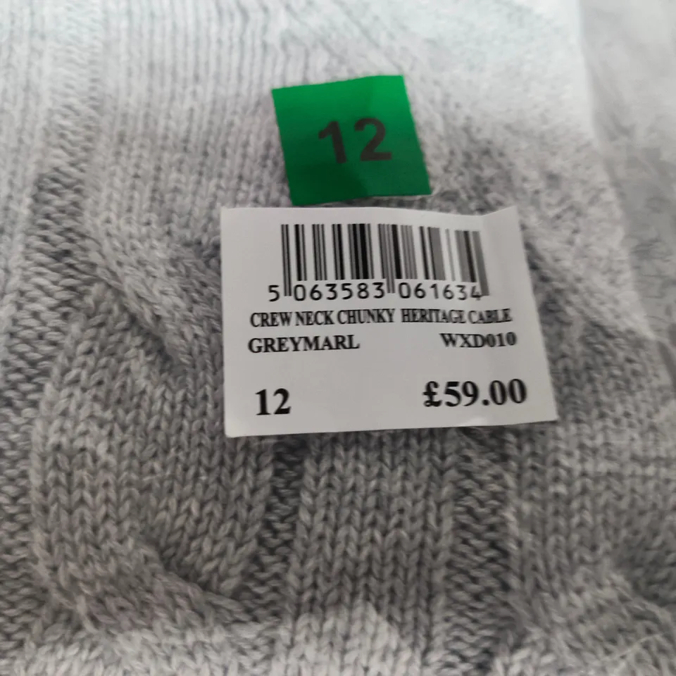 CREW CLOTHING COMPANY -  CREW NECK CHUNKY HERITAGE CABLE KNIT SWEATER – GREY MARL - SIZE 12
