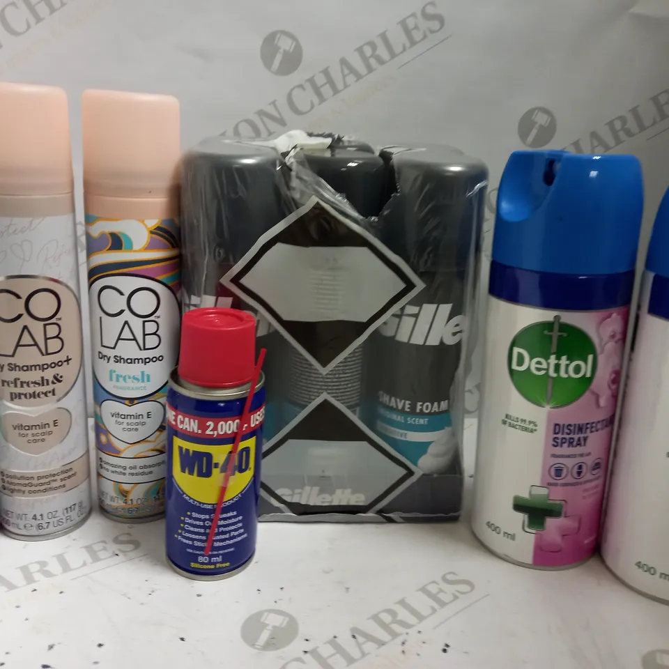BOX OF APPROX 15 ASSORTED AEROSOLS INCLUDING COLAB DRY SHAMPOO, GILETTE SHAVE FOAM AND DETTOL DISINFECTANT SPRAY - COLLECTION ONLY