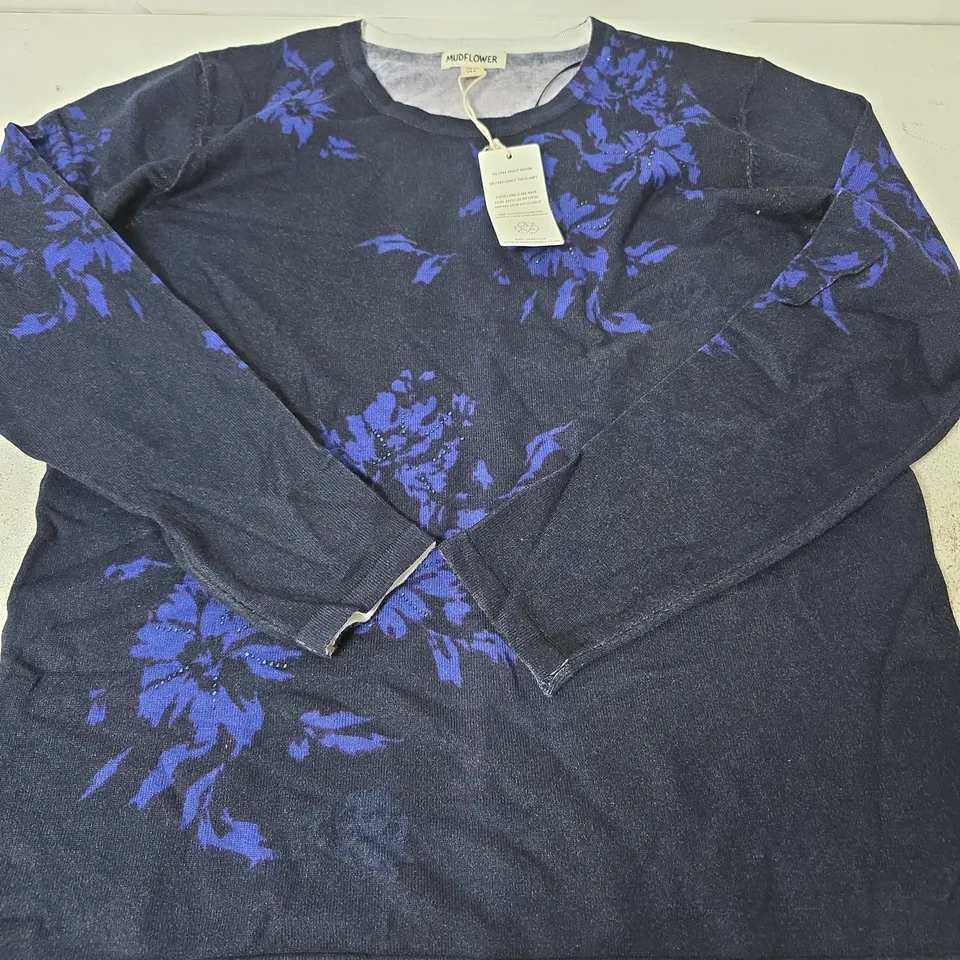 MUDFLOWER CREW NECK FLORAL DESIGN JUMPER, BLACK/BLUE - SIZE 12