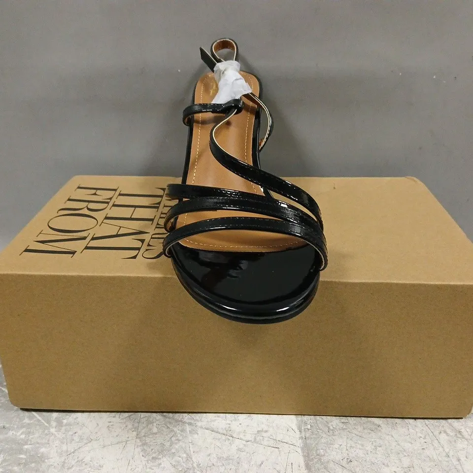 BOXED PAIR OF WHERE'S THAT FROM OPEN TOE HEELED SANDALS IN BLACK SIZE UK 6