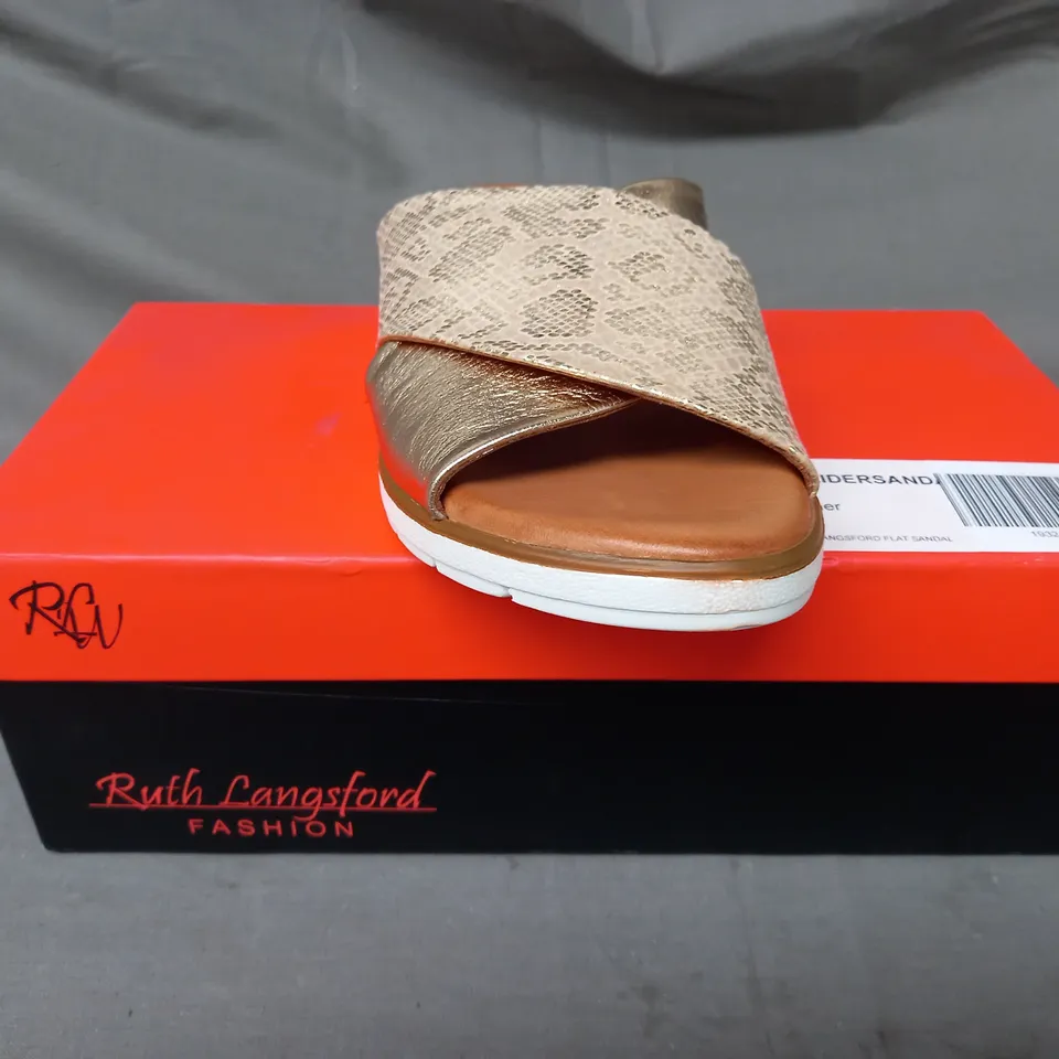 BOXED PAIR OF RUTH LANGSFORD FLAT SANDALS IN METALLIC CHAMPAGNE GOLD SIZE 5