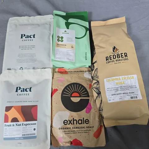 LOT OF 5 ASSORTED PACKS OF COFFEE TO INCLUDE PACT, WOGAN AND REDBER