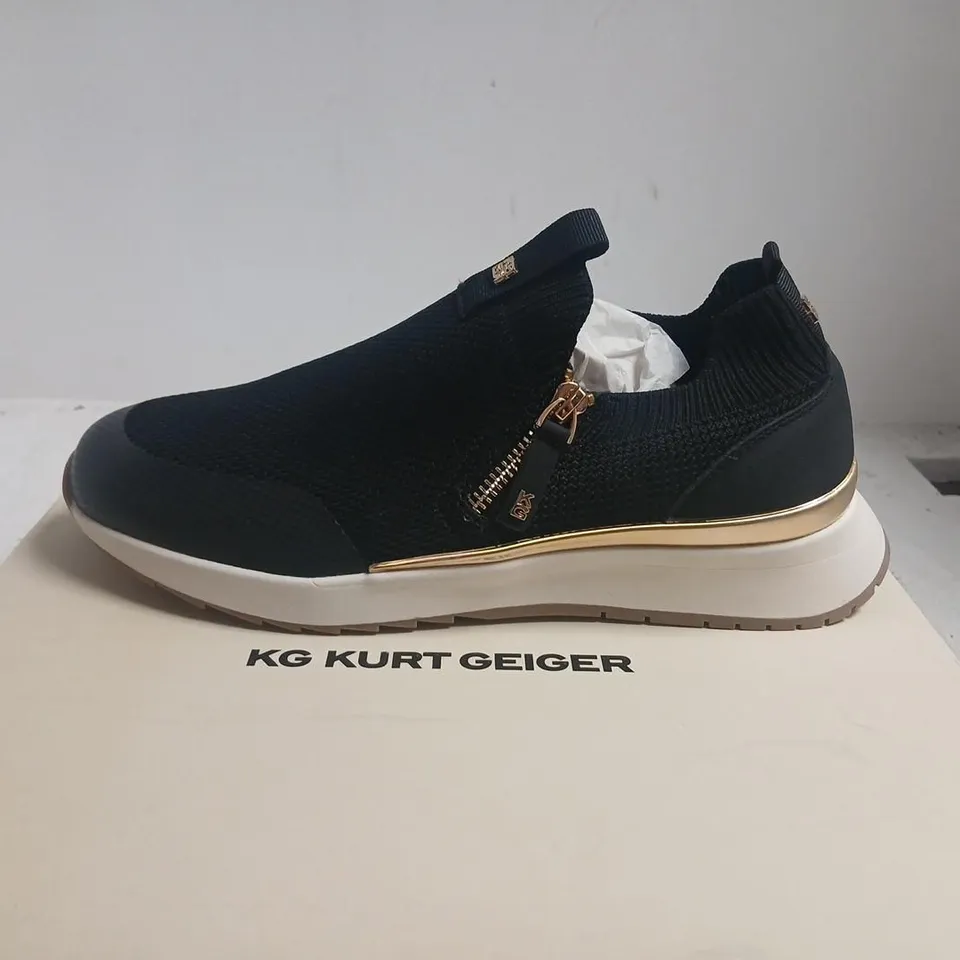 KG KURT GEIGER BLACK KNIT SLIP-ON SNEAKERS, UK 6 (EU 39) – BOXED