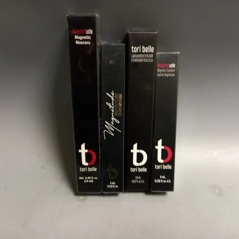 4 BOXED AND SEALED TORI BELLE BEAUTY PRODUCTS TO INCLUDE MAGNETUDE MAGNETIC MASCARA BLACK 14ML, MAGNETUDE MAGNETIC EYELINER 4ML, LASH ADHESIVE EYELINER 0.8ML