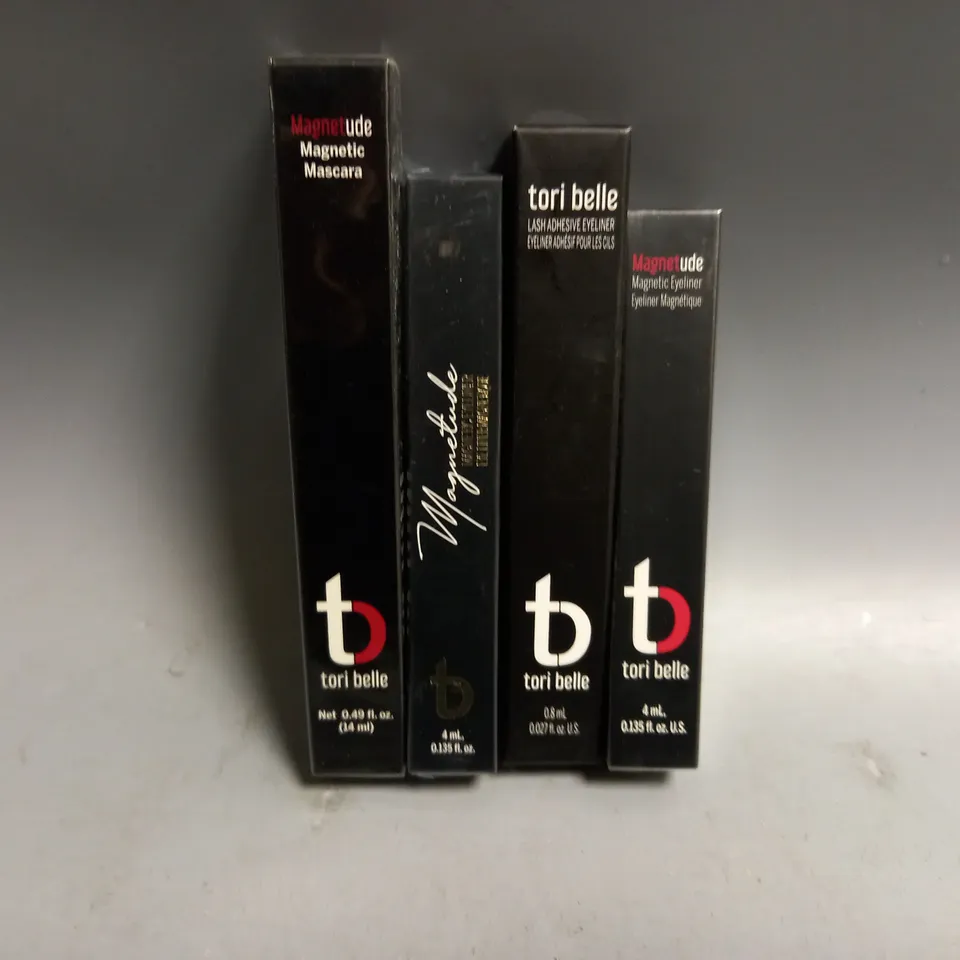 4 BOXED AND SEALED TORI BELLE BEAUTY PRODUCTS TO INCLUDE MAGNETUDE MAGNETIC MASCARA BLACK 14ML, MAGNETUDE MAGNETIC EYELINER 4ML, LASH ADHESIVE EYELINER 0.8ML