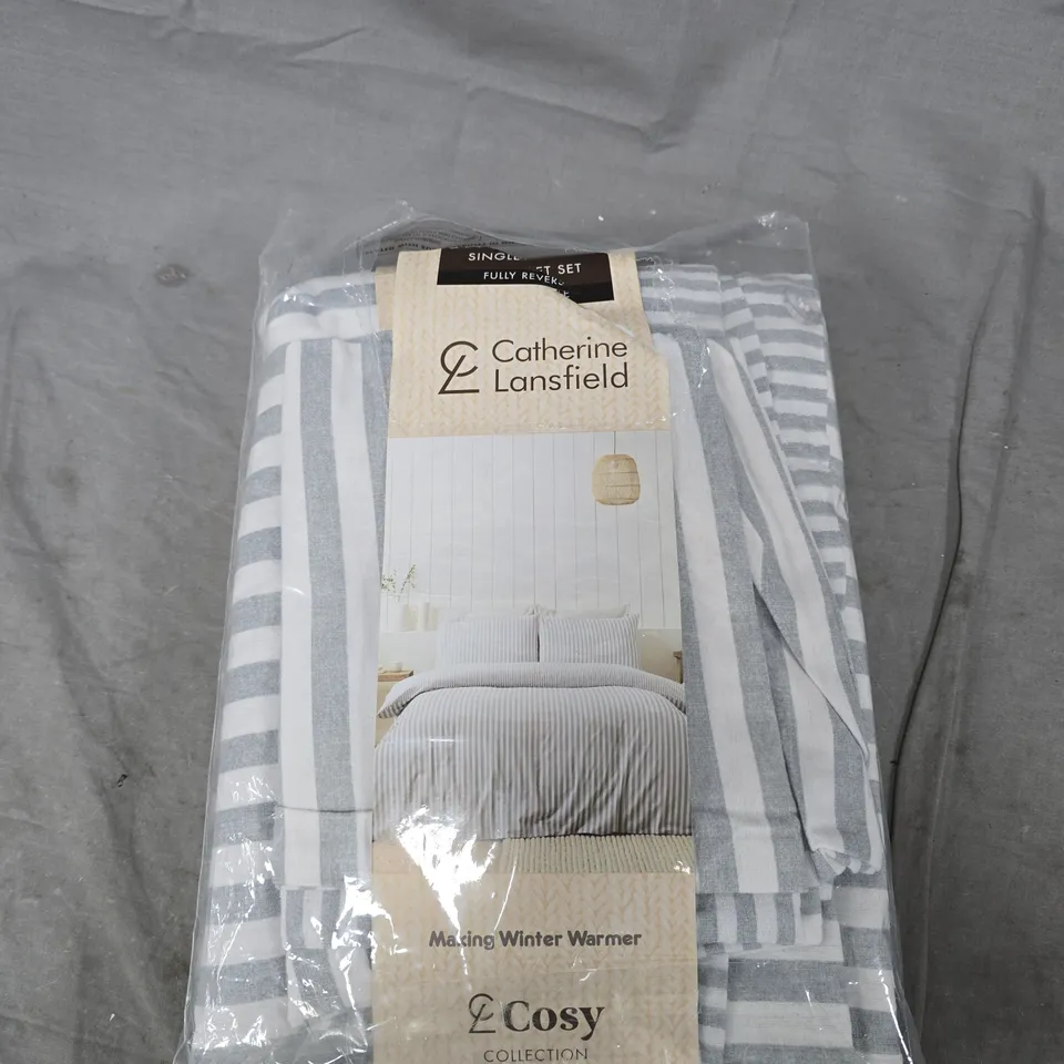 CATHERINE LANSFIELD SINGLE DUVET SET – COSY COLLECTION, GREY STRIPE (FULLY REVERSIBLE)