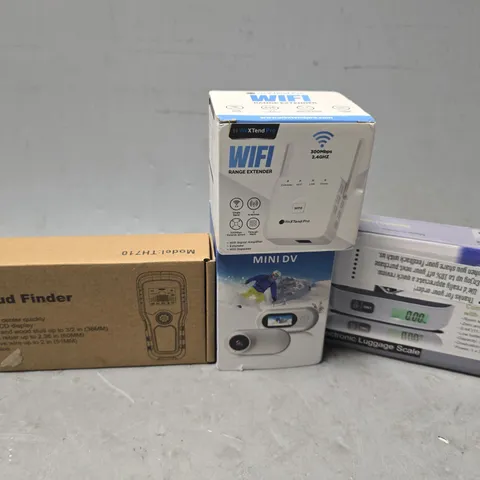 APPROXIMATELY 10 ASSORTED ITEMS TO INCLUDE - WIFI RANGE EXTENDER , ELECTRONIC LUGGAGE SCALE , WALL STUD FINDER ETC