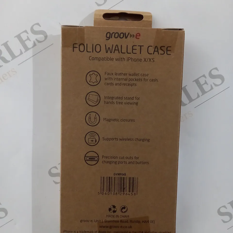 APPROXIMATELY 100 BRAND NEW BOXED AND SEALED GROOV-E BLACK FOLIO WALLET CASE GV-MP049 COMPATIBLE WITH IPHONE X/XS INCLUDES INTERNAL POCKETS, MAGNETIC CLOSURES, WIRELESS CHARGING SUPPORT ETC.