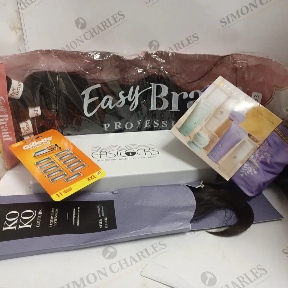 APPROXIMATELY 5 ASSORTED HEALTH AND BEAUTY ITEMS INCLUDING WIGS, TATCHS MINI FAVORITES