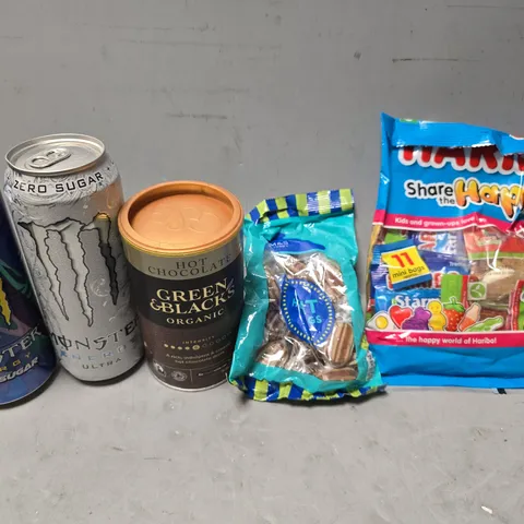 APPROXIMATELY 12 ASSORTED FOOD & DRINK ITEMS TO INCLUDE - MONSTER ZERO SUGAR , M&S MINT HUMBUGS , HARIBO SHARE THE HAPPY ETC
