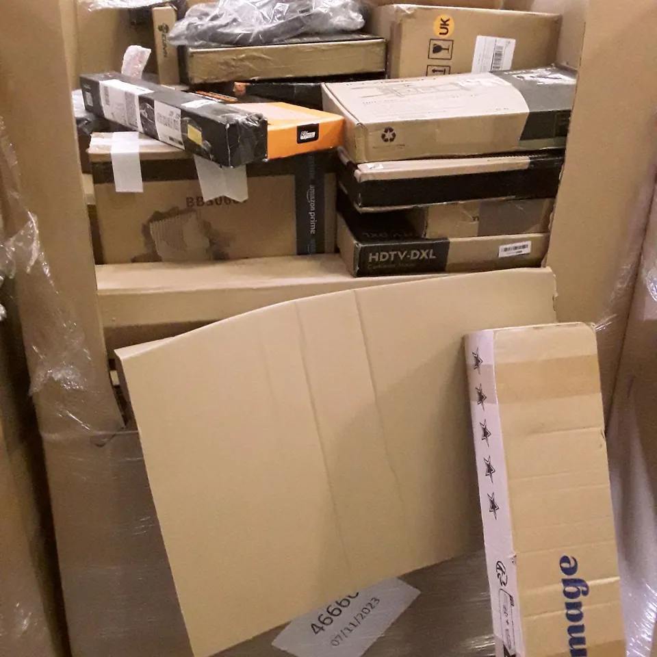 UNPROCESSED PALLET OF ASSORTED ITEMS TO INCLUDE CANTILEVER MOUNT, WALKING STICKS, COMPUTER KEYBOARDS AND FOLDABLE 3 WHEEL SCOOTER