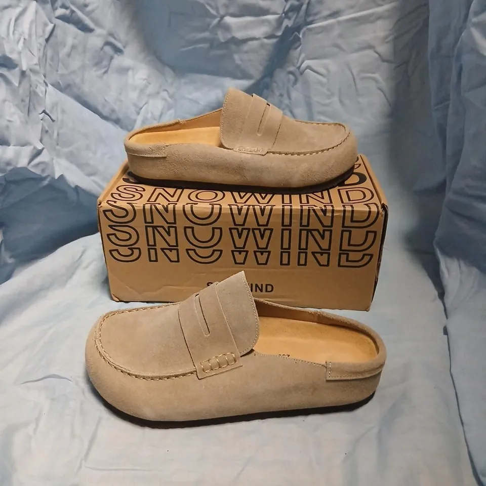SNOWWIND TAUPE SUEDE SLIP-ON LOAFERS – UK 6 (EU 39) – BOXED