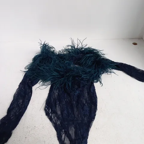 HALDOURE LACE & FEATHER TRIM BODYSUIT, COLOUR NAVY, SIZE S