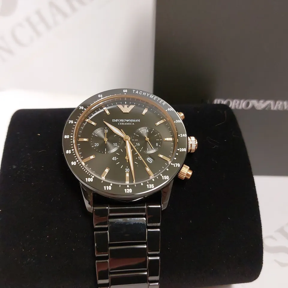 BOXED EMPORIO ARMANI BLACK AND ROSE GOLD WRIST WATCH