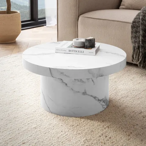BOXED COFFEE TABLE WHITE 60CM MARBLE LOOK LIVING ROOM TABLE ROUND SMALL