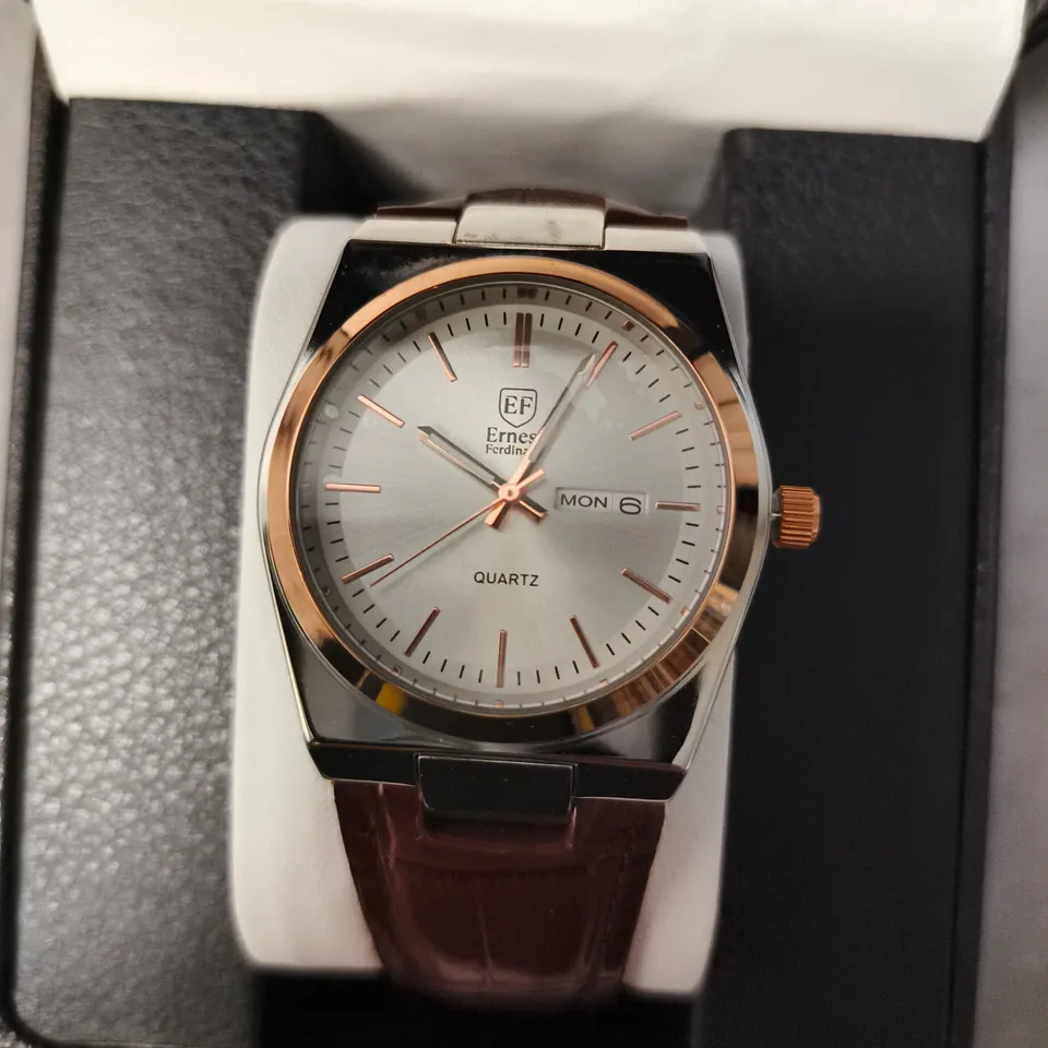ERNEST FERDINAND WATCH – DAY DATE CALENDAR DIAL – BROWN LEATHER STRAP – 3ATM WATER RESISTANT
