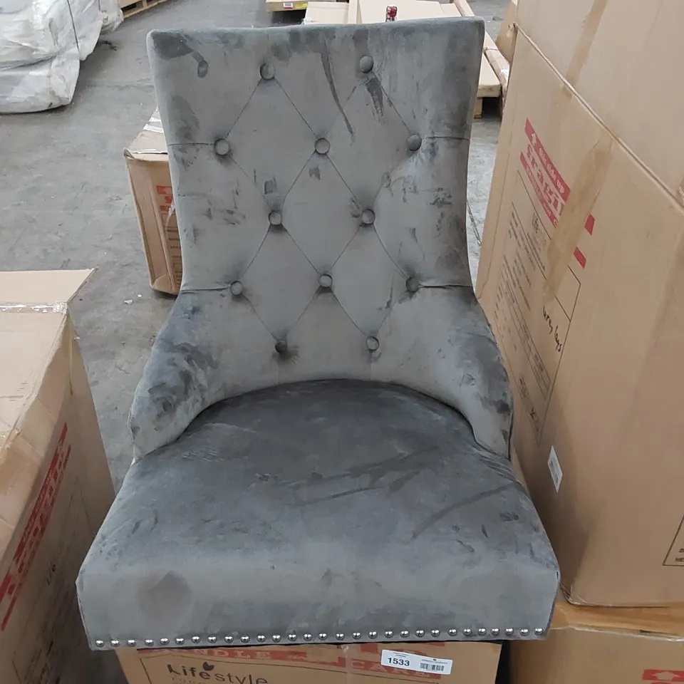 BOXED SANDHURST DINING CHAIR IN GREY VELVET WITH LION HEAD CHROME KNOCKER AND OAK LEGS - SET OF 2