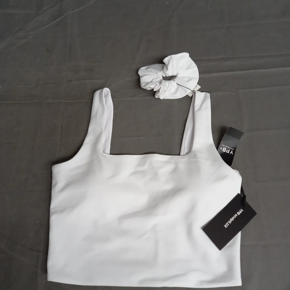 YPB SCULPT LUX SPORTS TOP AND SCRUNCHIE SET IN WHITE SIZE M