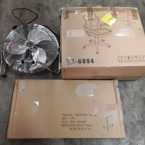 PALLET OF ASSORTED PRODUCTS INCLUDING OFFICE CHAIR, LAPTOP STAND, FLOOR FAN, RADIATOR COVER