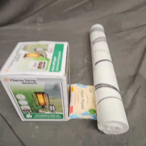 LARGE BOX OF APPROX 10 ASSORTED HOUSEHOLD ITEMS TO INCLUDE FLAME LAMP, AQUA WIPES AND WALLPAPER - COLLECTION ONLY 