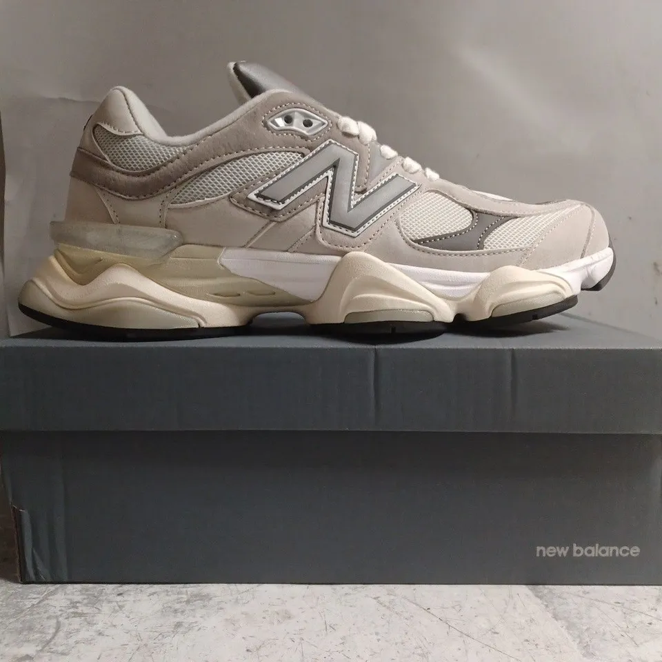 BOXED PAIR OF NEW BALANCE 9060 TRAINERS IN TAUPE/GREY SIZE UK 10.5