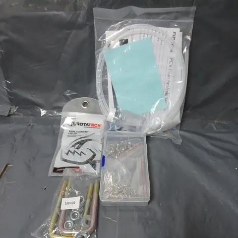BOX OF APPROXIMATELY 20 ASSORTED HOUSEHOLD ITEMS TO INCLUDE BIKE CHAIN, OIL TESTING KIT AND SMALL TOOLS