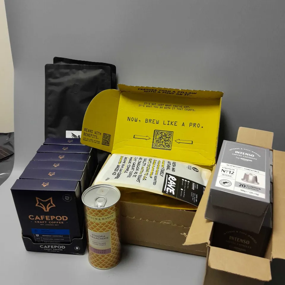 APPROXIMATELY 5 ASSORTED FOOD & DRINK ITEMS TO INCLUDE RAVE ROAST, CAFEPOD DECAF ESPRESSO, INTENSO COFFEE CAPSULES, ETC